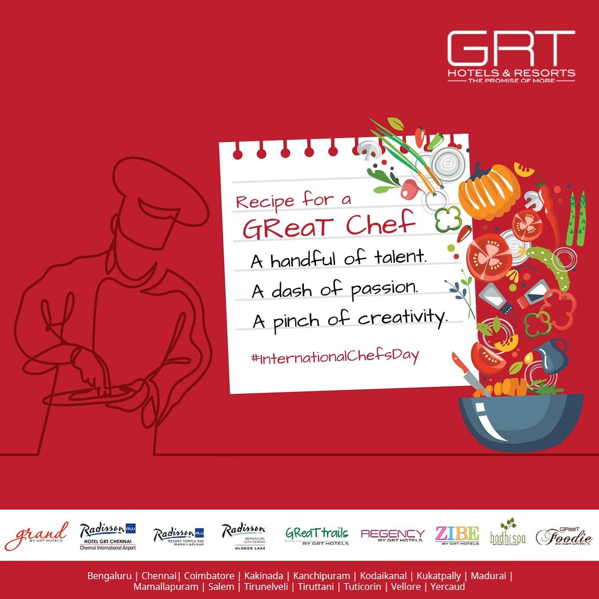 grthotels's tweet photo. Chefs are artists who curate unforgettable experiences. You will find a handful of talent, a dash of passion and a pinch of creativity in all our GReaT chefs at GRT Hotels and Resorts. We wish all our chefs, a wonderful #InternationalChefsDay.
#grthotels #chefs #culinaryexperts https://t.co/85c91wjqIV