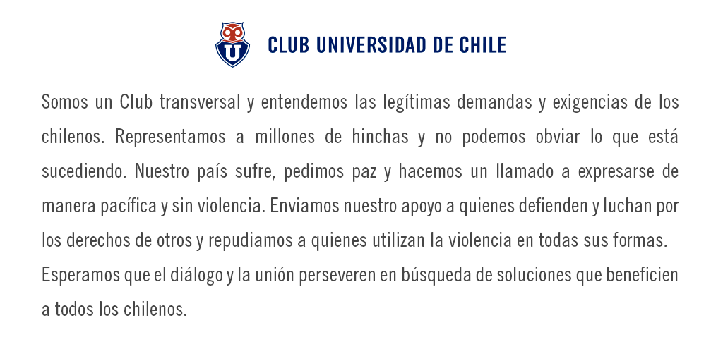 udechile's tweet photo. Con respecto a lo que está pasando en la Región Metropolitana y ciudades del país, como Club informamos lo siguiente.

#VamosLaU 🤘 https://t.co/QroT1KvKmN