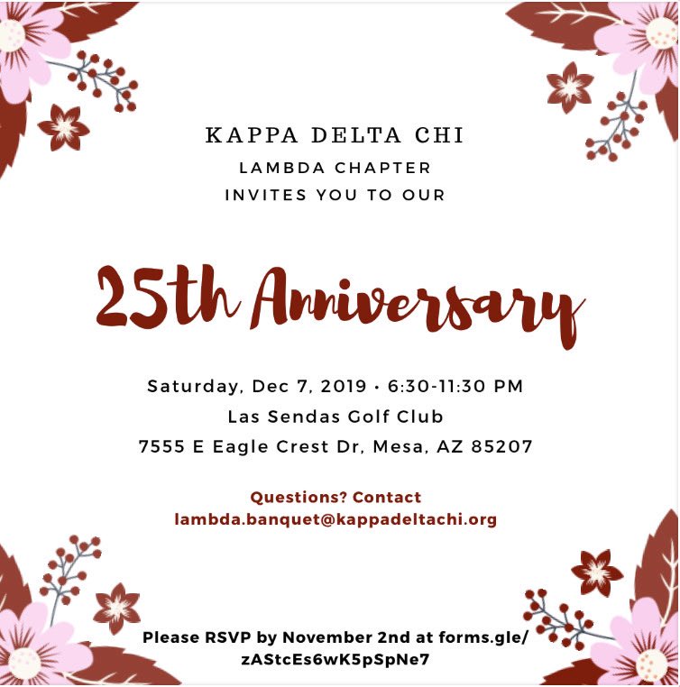 Join us for Kappa Delta Chi’s 25th Anniversary banquet! Tickets include: unlimited access to our photo booth with free printouts, a raffle entry, vendor(s) to stock up on KDChi gear, food, and a night to remember! Please RSVP by November 2nd at forms.gle/zAStcEs6wK5pSp… 🌟