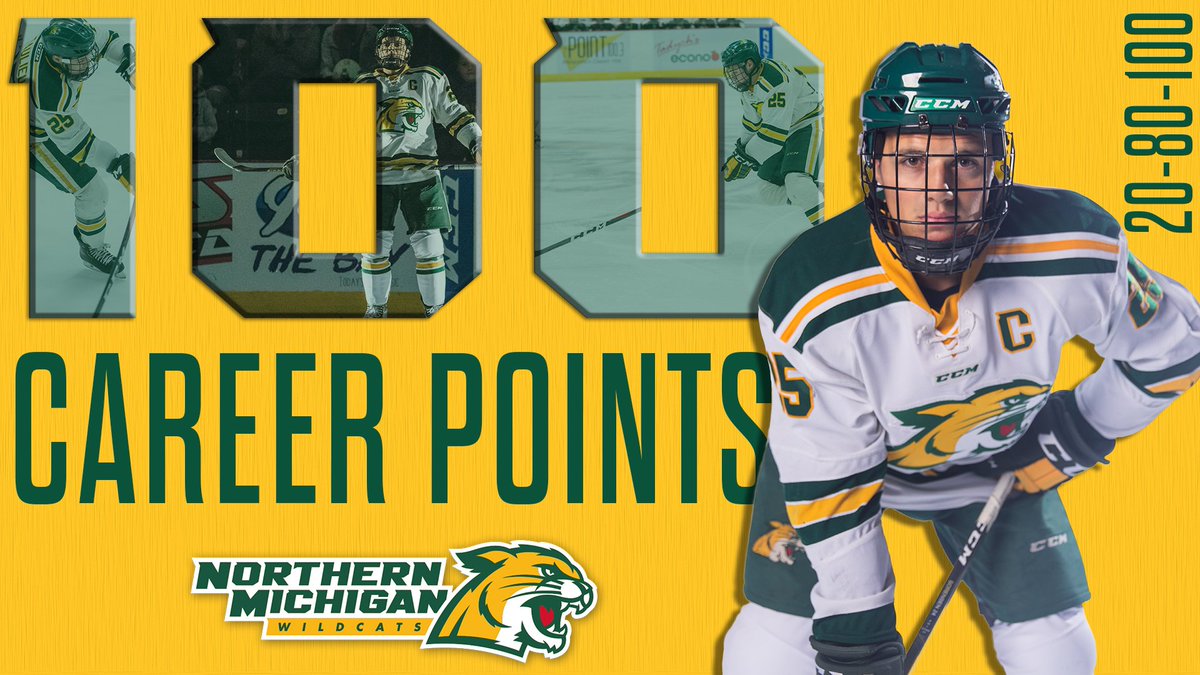 NMUHockey's tweet photo. Oh captain, my captain!

With an apple on Loughran’s goal, senior defenseman Philip Beaulieu hits 100 CAREER POINTS (20-80-100)!

#NMUwildcats https://t.co/isShhu2m6j