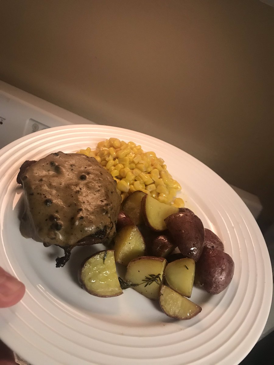 MShock5150's tweet photo. I may not be able to #stream🎥 right now, but that don’t mean that I’ll be quiet.
Pan-seared Bacon-wrapped Sirloin with a Peppercorn Sauce, Roasted Red Potatoes, and Buttered Corn
Much love to all of my #CaffeinatedCrew☕️
#food #twitchstreamer https://t.co/qXQItCDShX