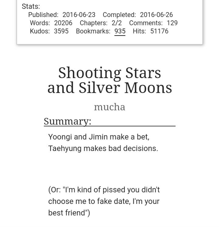Shooting stars and silver moons by muchaVmin and taekook (or not!?)vmin are bestfriends and jimin is petty and they both pine for each other!  https://archiveofourown.org/works/7276939 