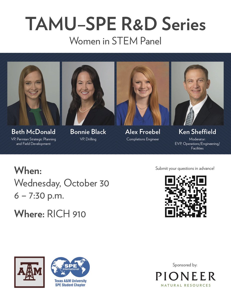 Don't miss TAMU-SPE R&amp;D Series : Women in STEM panel this October 30th ! 
Be sure to submit your questions in advance by scanning the QR