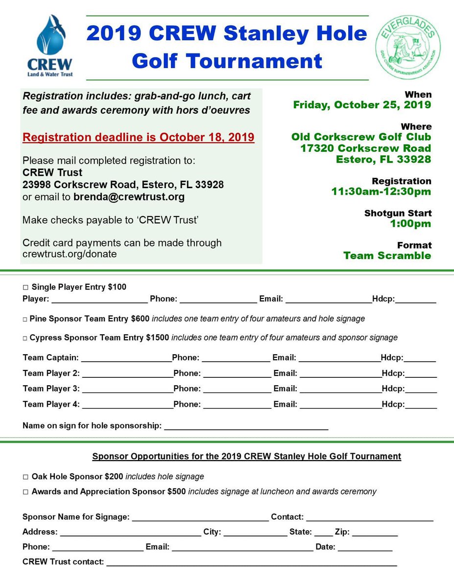 *Still time to support-Tee Sponsors* We are happy to announce that the CREW Stanley Hole Golf Tournament is SOLD OUT! Look forward to a great time supporting an organization that protects the 60,000 acres of native land and watershed between Lee and Collier counties! <a href="/EGCSA2016/">EvergladesGCSA</a>