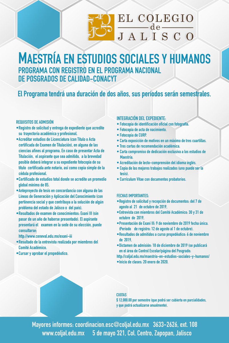 DocJavHurtado's tweet photo. ⚠️#Aviso
Estamos por cerrar el registro de solicitudes y recepción de documentos para ingresar a la #Maestria en Estudios Sociales y Humanos de @Coljalisco, Promoción 2020-2021.
Próximo lunes, último día para entrega de documentos
#Convocatoria2019📃
#ProgramaConacyt https://t.co/jI33dzhdla