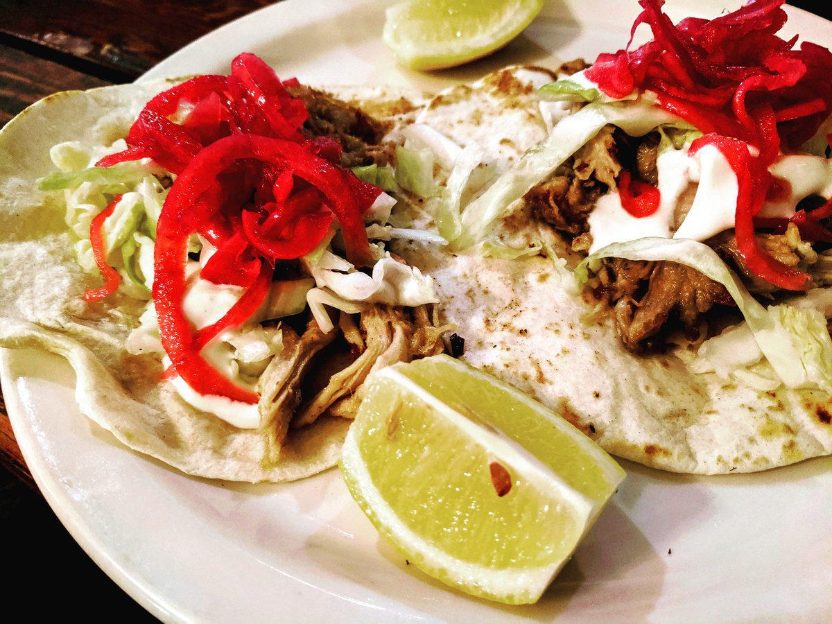 themonkscellar's tweet photo. We slow roasted a whole pig today and the end result are there other worldly tacos. Two pork filled flour tortillas, crispy cabbage, pickled red onions and lime crema. Just $10 while they last. Get down here. #5thanniversary #pigroast #livemusic #collaborationbeers https://t.co/u0Q0llTJXu