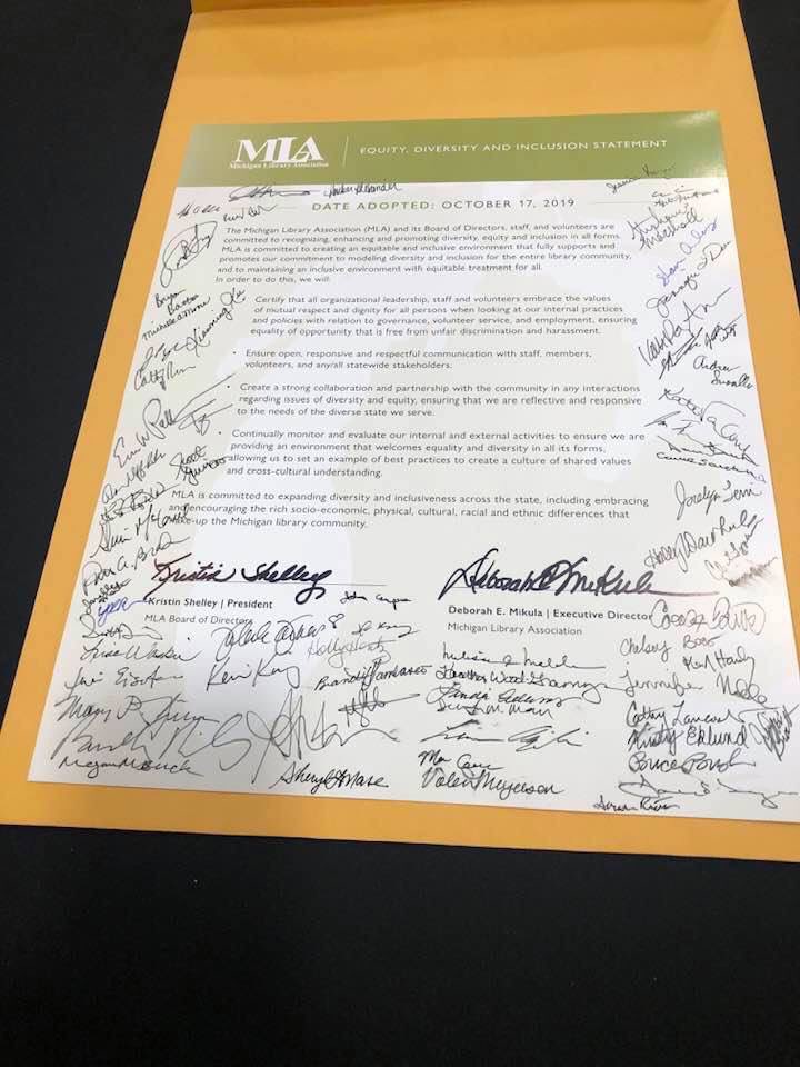 MLAoffice's tweet photo. So many wonderful moments at #MLA19AC but signing MLA’s equity, diversity &amp; inclusion statement was a highlight. All members were invited to sign &amp; asked to hold us accountable. #Opendoors has officially closed, but we will continue to strenghten the work to be inclusive of all. https://t.co/BygrnXdYuz
