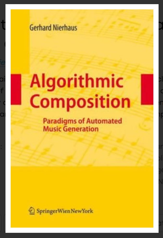 #Music
 #Algorithms
 #Composition
 #AlgorithmComposition
 #MusicGeneration
 #PDF

via @reaktorplayer: 
Algorithmic Composition : 
Paradigms of Automated Music Generation - 
Gerhard Nierhaus (PDF) : bit.ly/2MRozh6