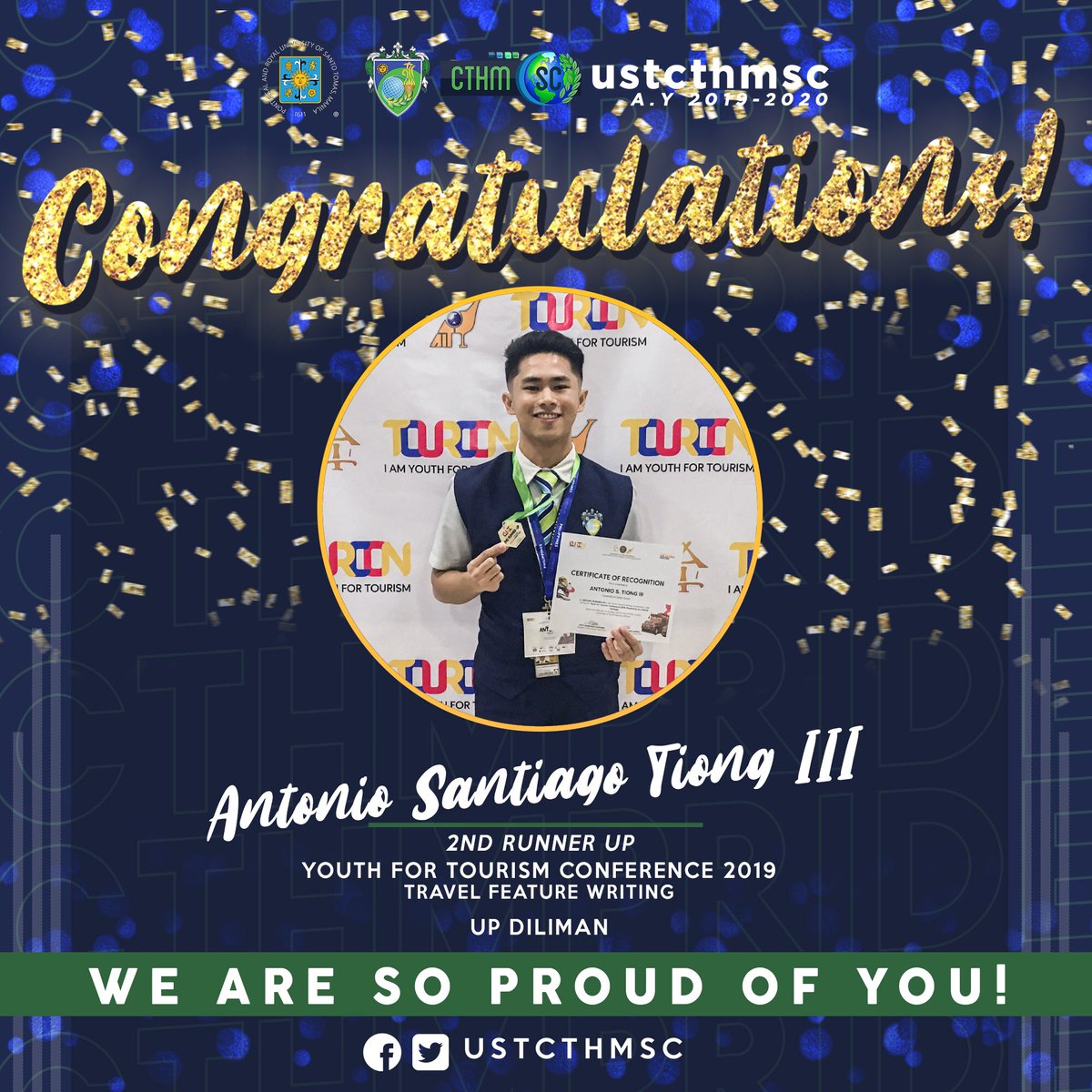 USTCTHMSC's tweet photo. Huge congratulations to Antonio "Thirdy" Santiago Tiong III of 2TOM2 for winning 2nd runner up, yesterday at the Youth for Tourism Conference 2019, Travel Feature Writing category!
We are so proud of you! ππ
#CTHMPride https://t.co/8dT1nJ2Gta