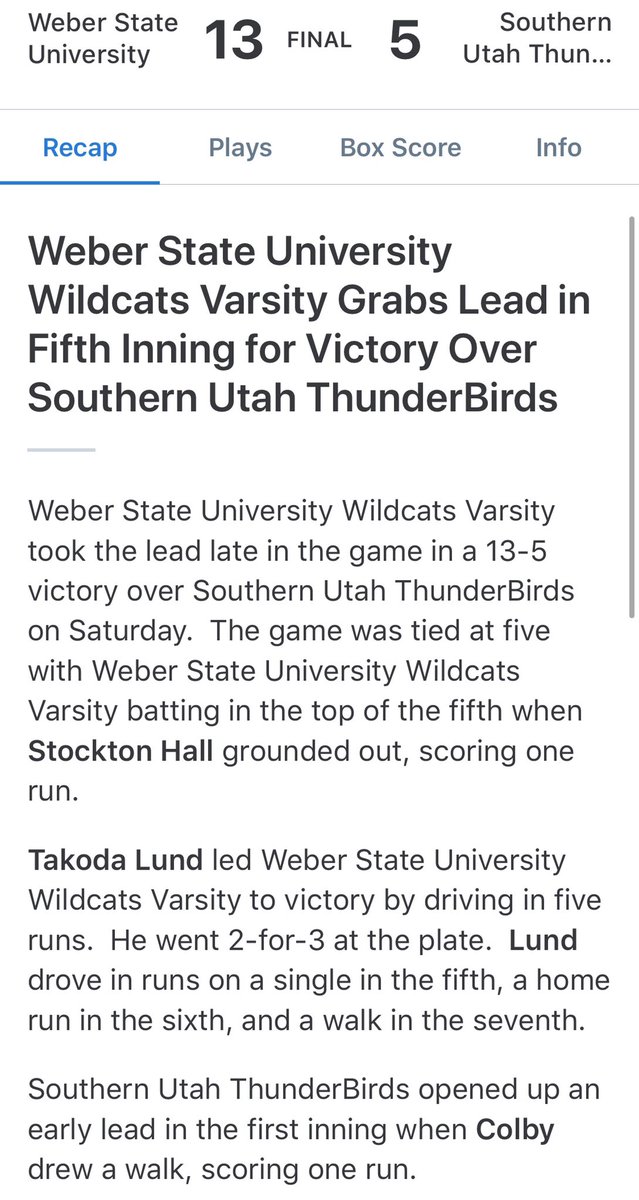 WeberBaseball20's tweet photo. Full Recap of today’s games. 

Game 1: 13-5
Game 2: 7-4

We now improve to 9-1 on the season! #GoCats #PurpleReign https://t.co/IFfM6hmYhn