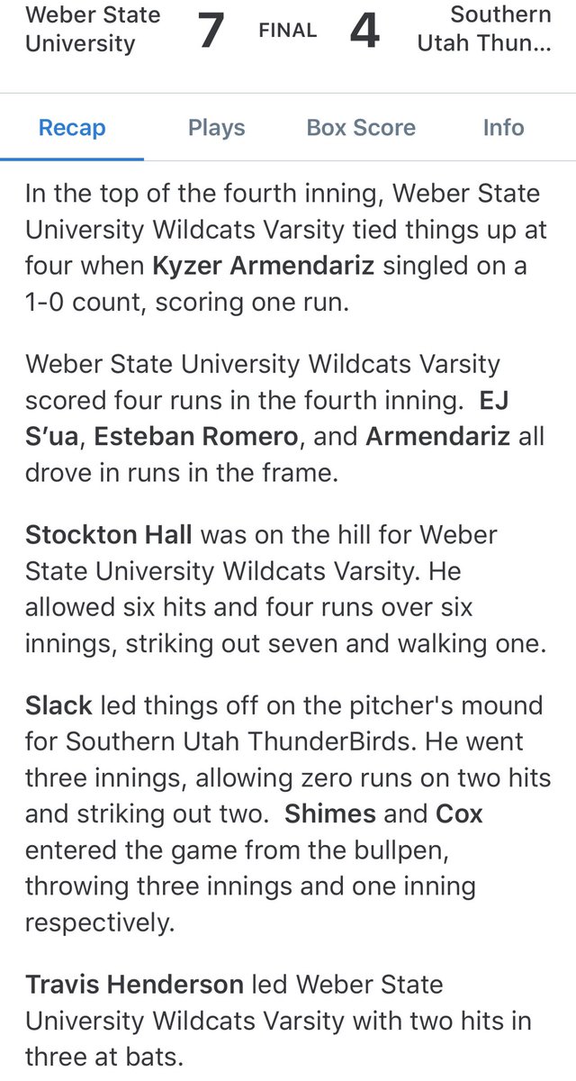 WeberBaseball20's tweet photo. Full Recap of today’s games. 

Game 1: 13-5
Game 2: 7-4

We now improve to 9-1 on the season! #GoCats #PurpleReign https://t.co/IFfM6hmYhn