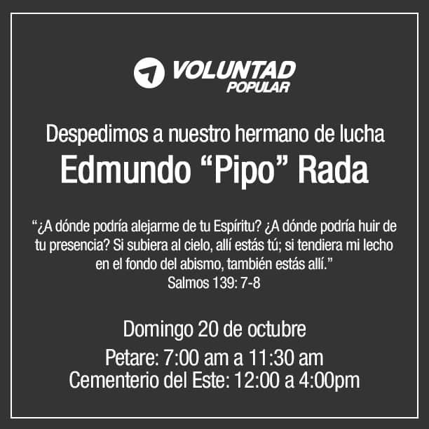 VP_MunSucre's tweet photo. Despedimos a nuestro hermano de lucha Edmundo "Pipo" Rada. #PetareLloraAPipo https://t.co/xypxvPPQy8