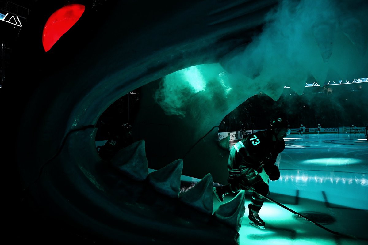 SanJoseSharks's tweet photo. You never forget your first NHL game. Especially when it involves skating out of a giant smoking Shark Head. 

Congrats @n_gregs20! https://t.co/bMjtVa3J43