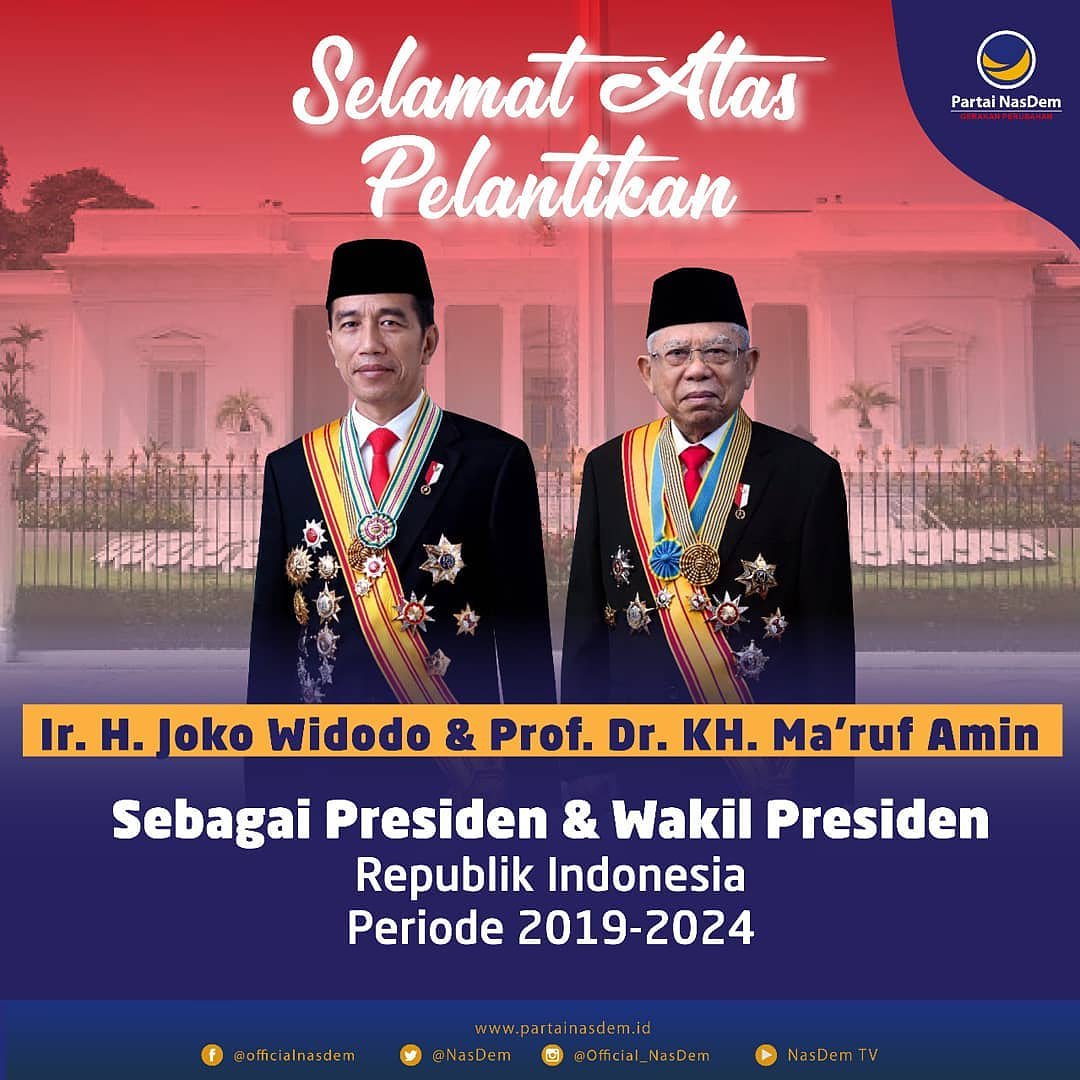 Selamat atas pelantikan Bapak  Ir. H. Joko Widodo sebagai Presiden Republik Indonesia, dan Bapak Prof. Dr. KH. Ma'ruf Amin sebagai Wakil Presiden Republik Indonesia. Semoga senantiasa dianugerahi perkenan Tuhan dalam menjalankan tugas, mengabdi kepada bangsa dan negara.