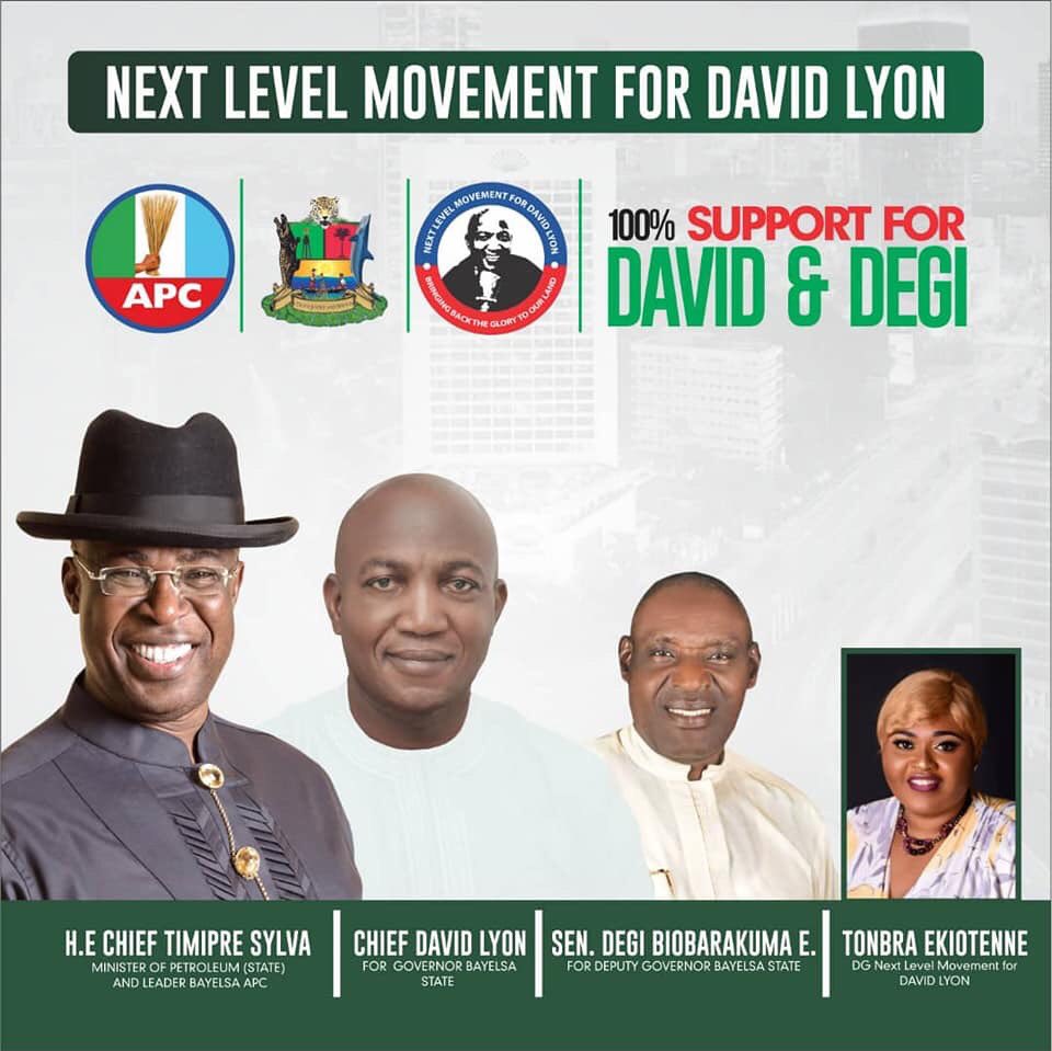 APCBayelsa's tweet photo. As the All Progressives Congress (APC), Bayelsa State Campaign Flagoff kicks off, the Next Level Movement For David Lyon wish to reaffirm our support and commitment to the election of the governorship candidate of the party.
#Bayelsa4Lyon
#NextLevelMovementForDavidLyon https://t.co/9kjM9yyvNV