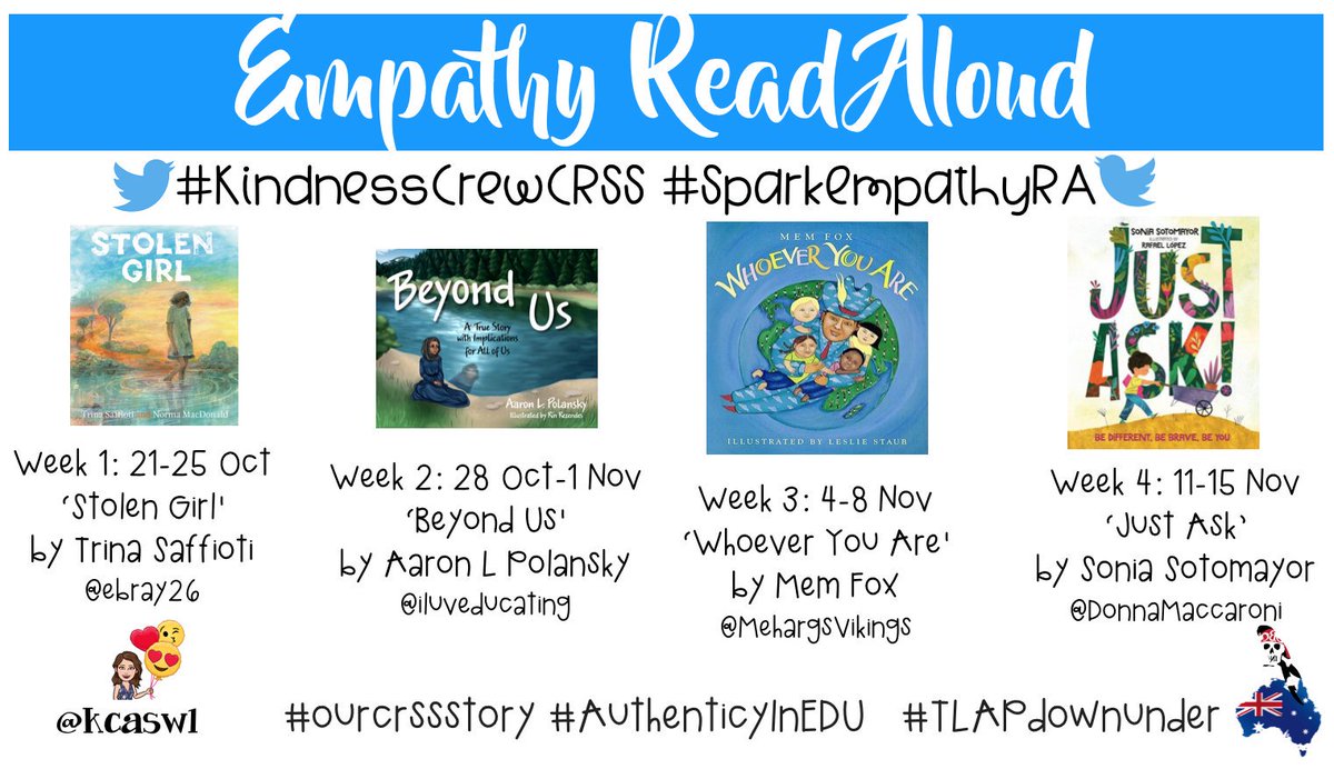 Our #SparkEmpathyRA starts on Monday with <a href="/ebray26/">Emily Bray</a>! 

Week 1 blog post with book and questions is ready - read it here: karencaswell.com/home/week-1-em…

#ourcrssstory #KindnessCrewCRSS #TLAPdownunder