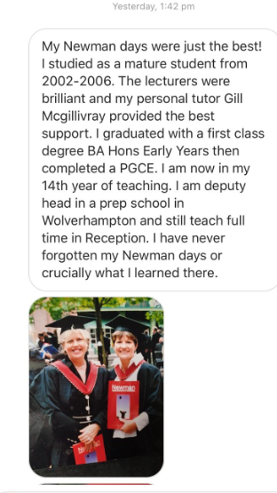 Newman_Uni's tweet photo. We love it when our graduates send stories like this through! We just had to share! ♥️

Sharon graduated in 2005 as a mature student &amp; met her best friend on the first day of her course. 😍

We'd love to hear your stories, comment below 👇or DM us. 

#NewmanGraduation https://t.co/cP5HfiTFLz