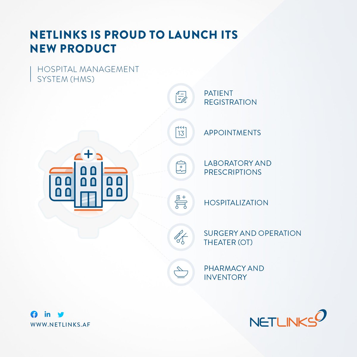 netlinksaf's tweet image. With NETLINKS Hospital Management System, Manage all of your hospital operations – all within a single solution.

#MakingTechnologyWork #NETLINKS #HMS