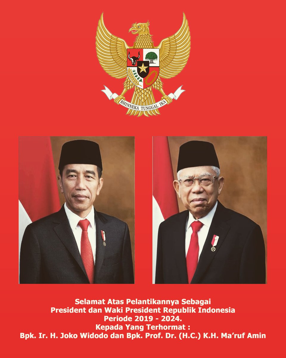 Smg negara kita m'jadi semakin baik lg &amp; mencapai kejayaannya dlm kepemimpinan Bpk Ir. H. <a href="/jokowi/">Joko Widodo</a> &amp; Bpk Prof. Dr. (H.C.) K.H. Ma'ruf Amin pd periode 2019-2024.
Selamat bekerja Bpk &amp; smg Alloh SWT senantiasa melimpahkan rahmat,kesuksesan,hidayah,p'lindungan kpd Bpk b'dua,aamiin.