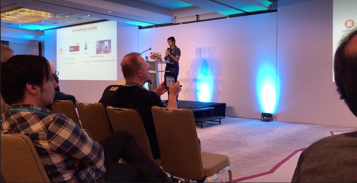 eval_ai's tweet photo. Our GSoC 2019 Mentor @rishabhjain2018 presenting #EvalAI Project in @gsoc 2019 Mentor Summit at Munich, Germany.
Work led by @krtkvrm, @Sanjeev5157, Khalid and Sanket 🎉 https://t.co/J3F6kCgy0G
