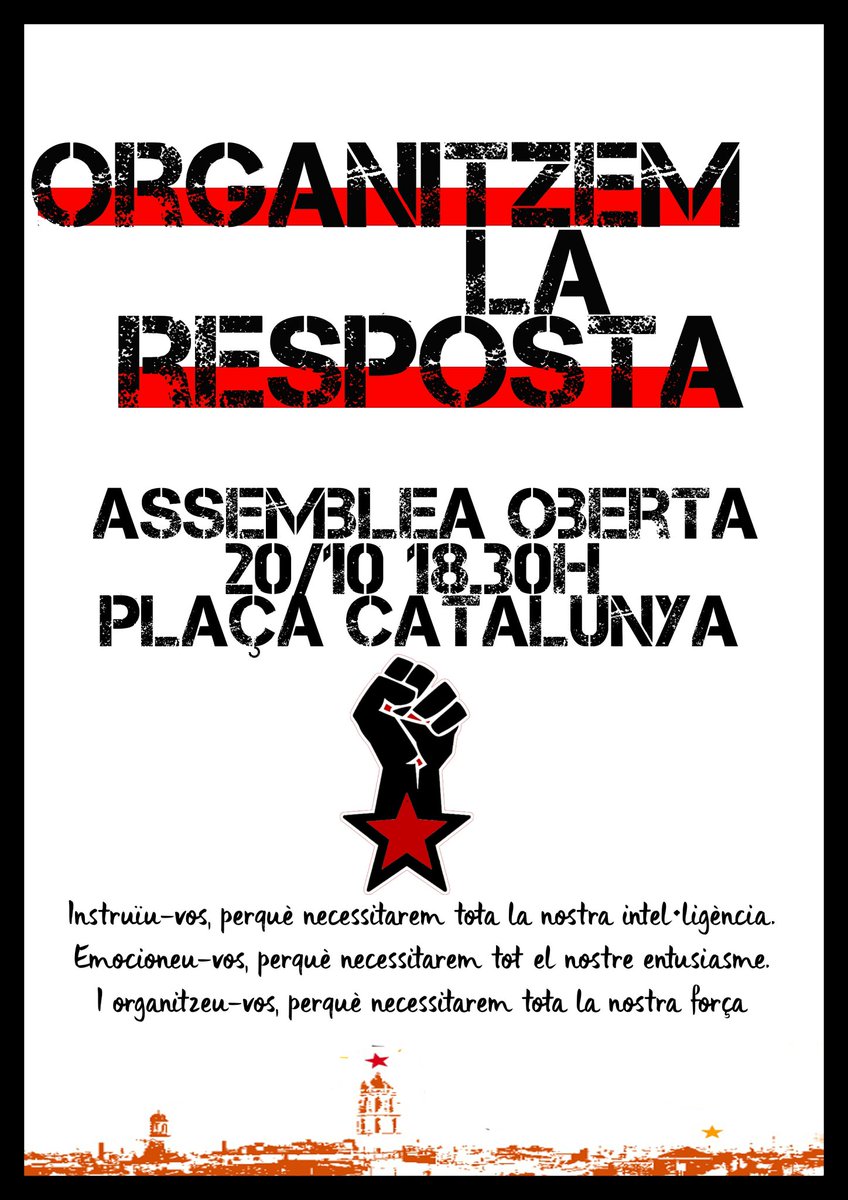 🔴 AVUI assemblea oberta a la plaça Catalunya de #Reus a les 18.30 h. 

Passa-ho! Organitzem la resposta, serem ingovernables mentre governi la misèria i la injustícia ✊🏼