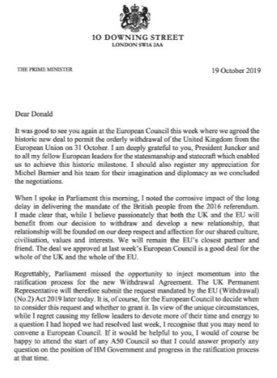 #BrexitDelay #BrexitDeal #DonaldTusk #BennAct: Boris Johnson sent the letter - unsigned - after a major setback in the #Commons to his #Brexit strategy.But the request was accompanied by a second letter, signed by the PM, saying he believed a delay would be a mistake.(BBC)