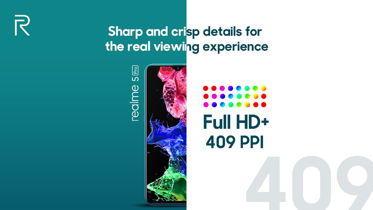 realmeIndia's tweet photo. A real high definition viewing experience with sharp picture &amp; more pixels on #realme5Pro. Enjoy the Full HD+ display of the #QuadCameraSpeedster with a high 409 PPI. Get yours during #realmeFestiveDays sale, live on @Flipkart &amp; https://t.co/reDVoADq2B. 
https://t.co/2UYJ2PTu9u https://t.co/eUXSKtrSDP