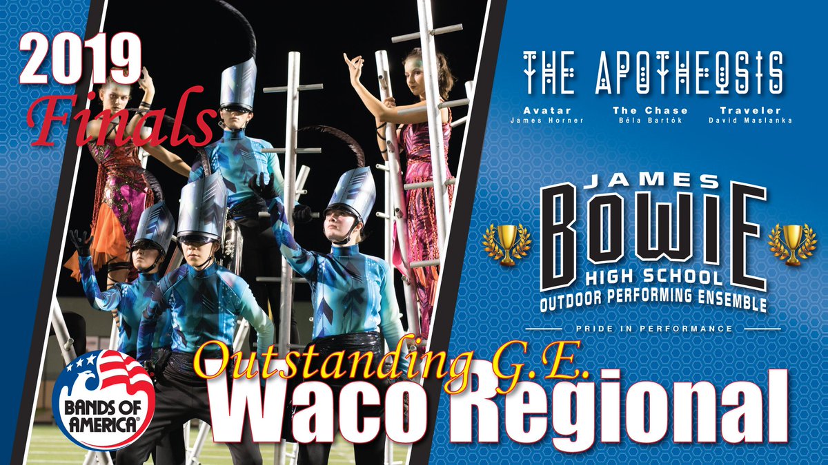 Congratulations to the James Bowie #2019OPE for placing 1st and winning Oustanding Visual and Outstanding GE at today's #BOA2019 Waco Regional finals! Thanks to our parents, boosters and fans for all your amazing support!

<a href="/HornRank/">HornRank</a> <a href="/txbands/">TxBands.com</a> #AISDproud