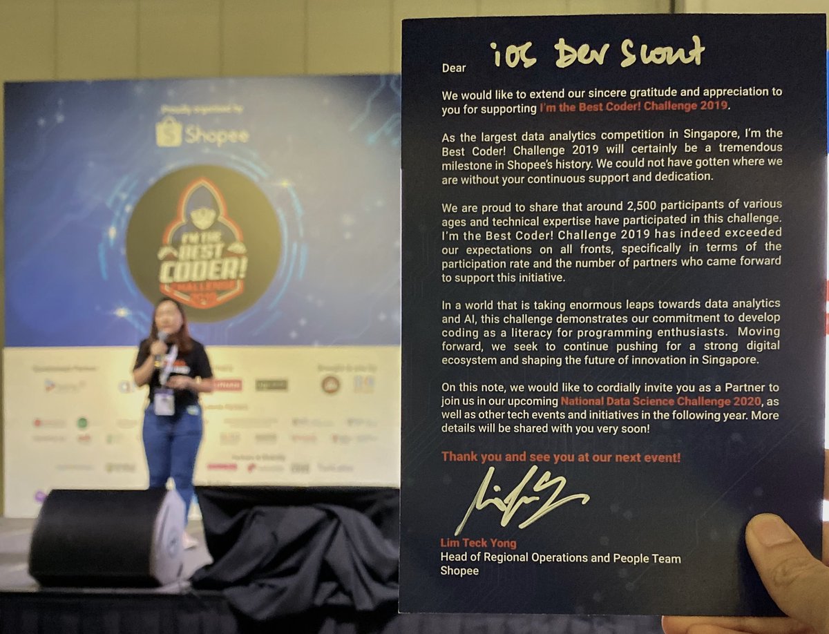 iosdevscout's tweet photo. Proud to be a partner of Shopee for their inaugural ‘I’m the Best Coder! Challenge 2019’.

2,500 coders participated in this Data Analytics and AI challenge, which aims to discover the most accurate and most efficient coder.
#iosdevscout #iosconfsg #ios #iosdev #shopee #singapore https://t.co/xcpG5c8rvX