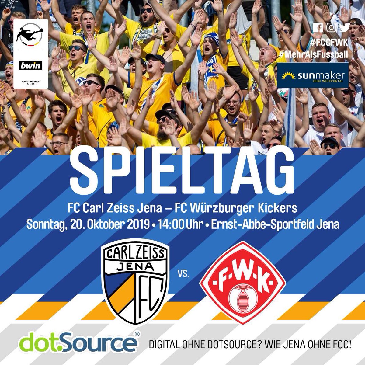 fccarlzeissjena's tweet photo. Heute, 14 Uhr, Anstoß im Spiel unseres FCC gegen den FC Würzburger Kickers. Bis gleich im Sportfeld!

▪️Tickets aufs Handy gibt's hier ➡️ https://t.co/ClS0luWls0

#FCCFWK #FCC #MehrAlsFussball #NiemalsAufgeben https://t.co/GaGFnBKtGh