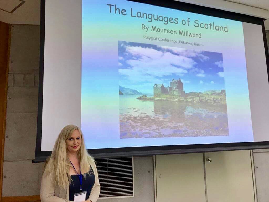mo_goes_miles's tweet photo. Just finished my presentation at the Polyglot Conference in Japan about #Scots &amp; #Gaelic . I had a lot of attendees &amp; some brave volunteers repeating the Scots phrases! They found “peely wally” very funny! I got a lot of questions at the end too!
#scotslanguage #polyconf19 https://t.co/T3ve39wHcH