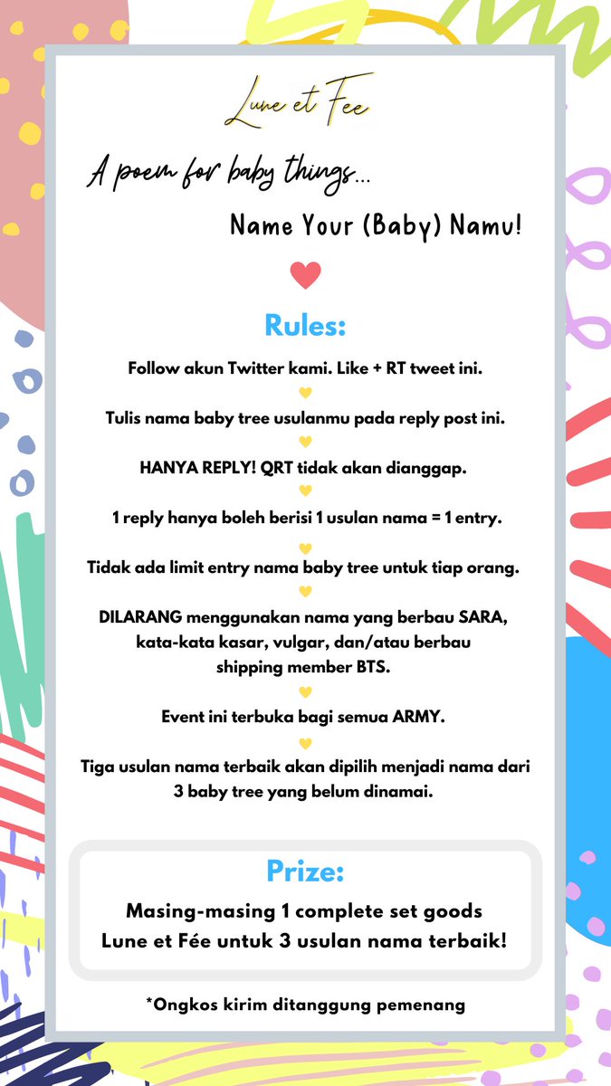 VIOLUMI's tweet photo. ⚠️ A reminder!

Untuk semua Indomys yang berpartisipasi pada event “Name Your (baby) Namu”, harap diperhatikan kriteria dan rules dari entry nama yang dapat dikirim yaa 😁

Terima kasih https://t.co/dvjuc4VleB