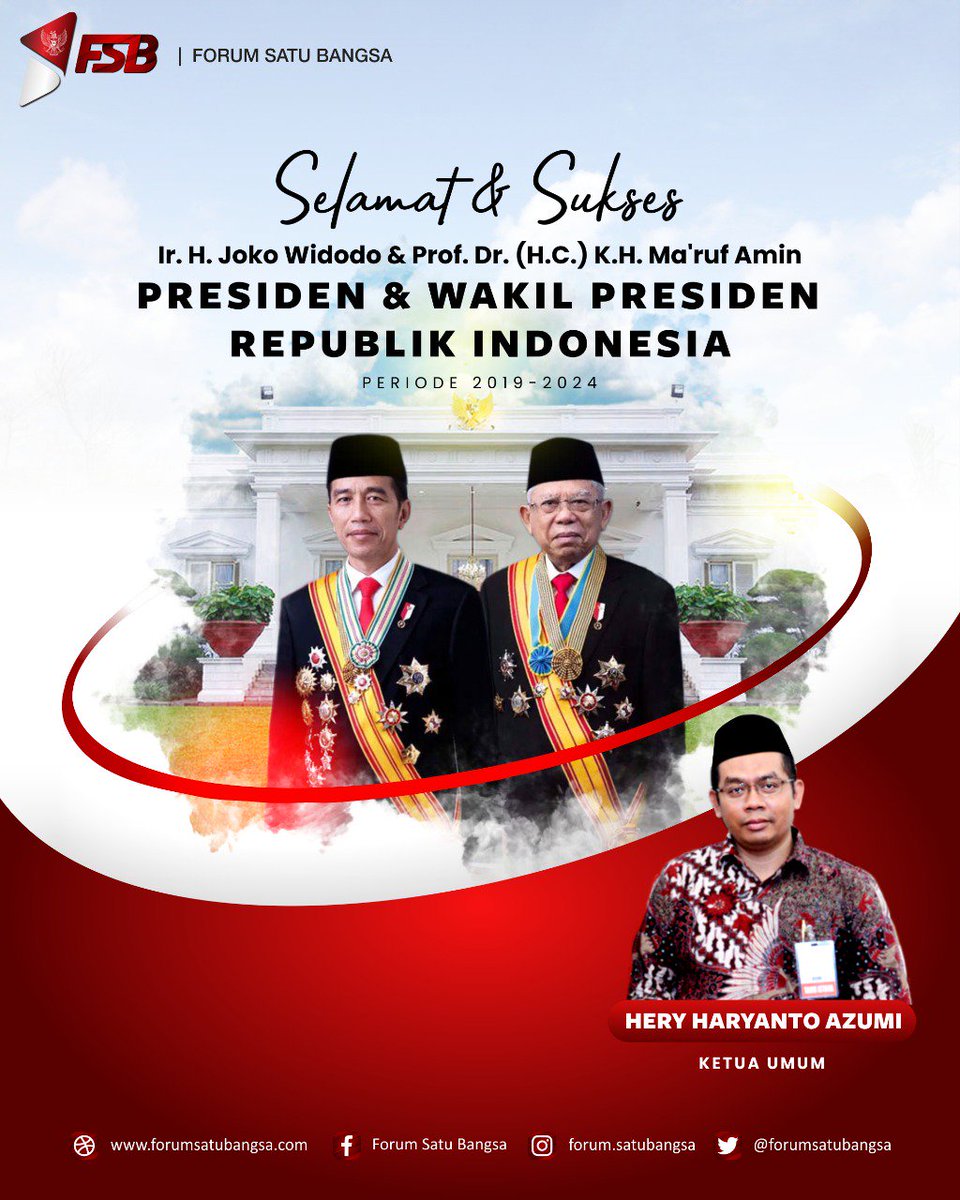 forumsatubangsa's tweet photo. Selamat dan Sukses atas dilantiknya Ir. H. Joko Widodo dan Prof. Dr. (H.C) K.H. Ma'ruf Amin sebagai Presiden dan Wakil Presiden Republik Indonesia periode 2019 - 2024.
Sekali lagi Selamat kepada Pemimpin Rakyat. Tumbuh dan besar di sisi Rakyat Indonesia. 

#SalamSatuBangsa https://t.co/E8vR0ljGG9