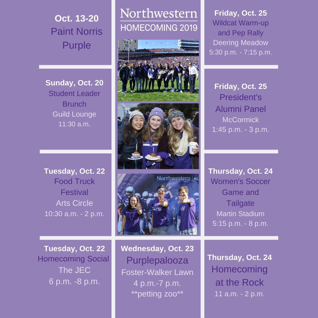 NUHomecoming's tweet photo. An updated schedule Of events! Are you ready for homecoming week because we are! #northwesternhomecoming2019 #northwesternhomecoming https://t.co/qONmWiQ7Vj