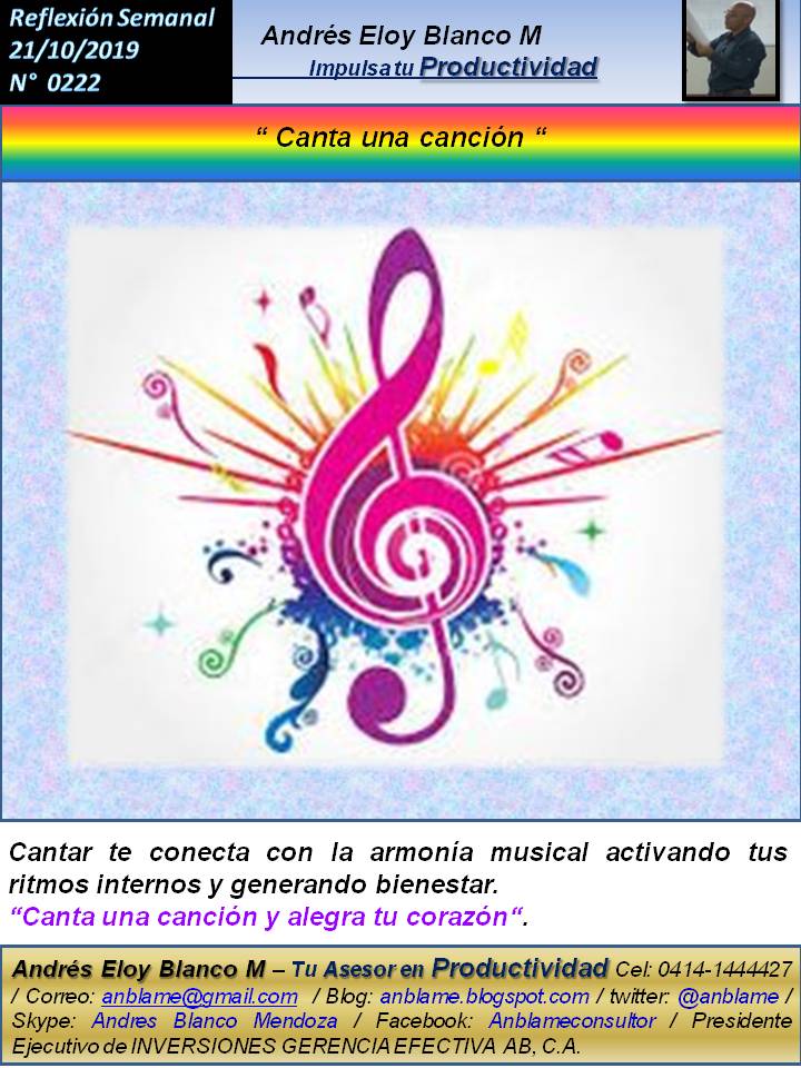 anblame's tweet photo. Comparto mi Reflexión Semanal del 21.10.19. Cantar te conecta con la armonía musical activando tus ritmos internos y generando bienestar.
“Canta una canción y alegra tu corazón“. https://t.co/d8PCWtjuBu