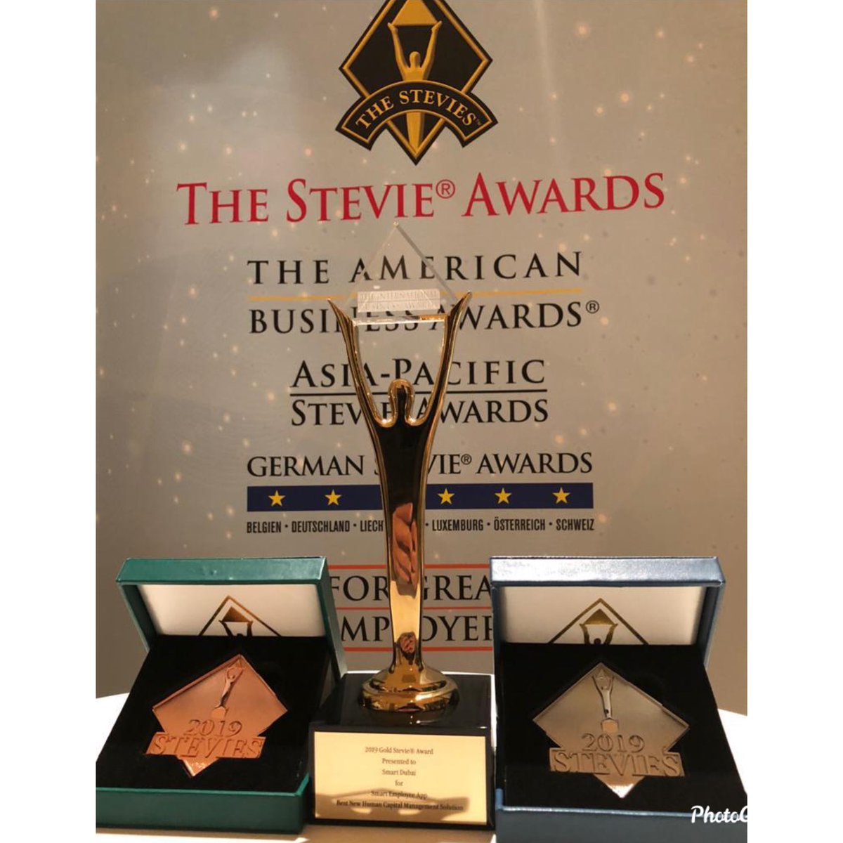 DigitalDubai's tweet photo. Honored to be recognized by @TheStevieAwards for 3 of our smart services! Winning the Gold Stevie award for #SmartEmployee app, Silver for our HRMS services and Bronze for our Asset Tracking System. Looking forward to more successes! #SmartDubai https://t.co/dJPyHn4YMI