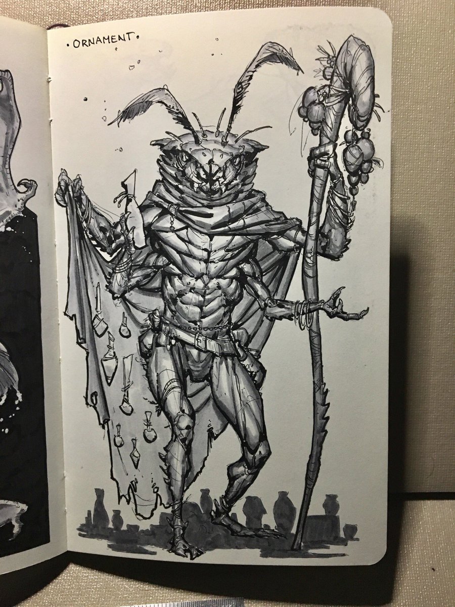 TFiddlerArt's tweet photo. Day 17 of #Inktober2019! #ornament! Just your average bug salesman trying to sell you some knickknacks! 😂 Thanks and Enjoy!! 😉 #Inktober #ink #pen #ballpoint #creature #characterart #characterdesign #conceptart #instect #bug #scifi https://t.co/XzxddUXn9h