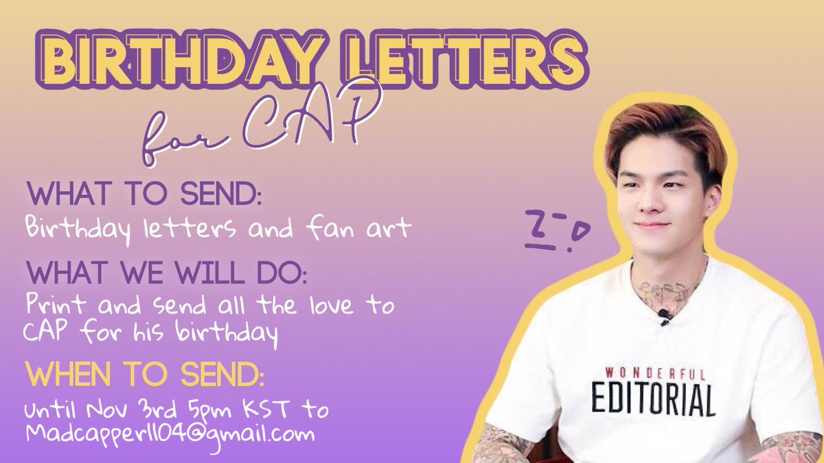 Mad_Capper1104's tweet photo. {🎂} Angels~~ Let's help make this year one to remember! Send us your fan art and letters, so we can make CAP's birthday special! We'll be compiling everything into a gift to send to him on his birthday.
#CAP #캡 #방민수 #TEENTOP #틴탑 https://t.co/b0JEdZm7ge