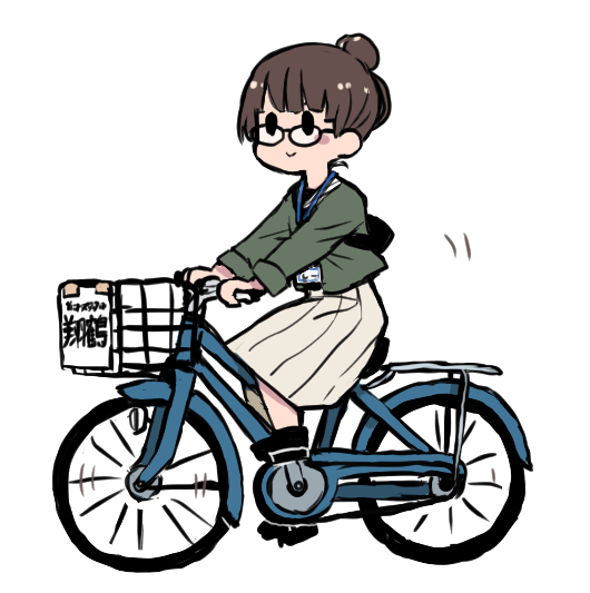 1girl bicycle solo ground vehicle glasses brown hair single hair bun  illustration images