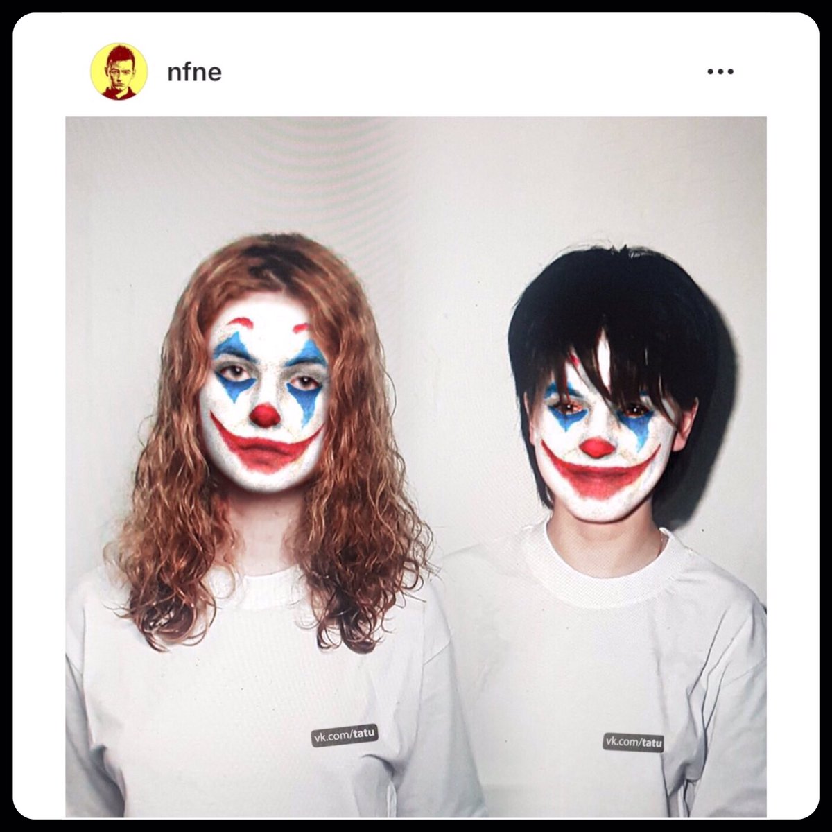 ¡WOW! Esta edición de SERGEY <a href="/nfnelove/">Sergey</a> para la comunidad vk.com/tatu es simplemente genial. En <a href="/Tatu_Online/">t.A.T.u Online</a> la compartimos para reconocer su creatividad y talento 👏🏻
#Joker #Guason #Klouny #Clowns
#tATu #JuliaVolkova #LenaKatina
#Тату #ЮляВолкова #ЛенаКатина