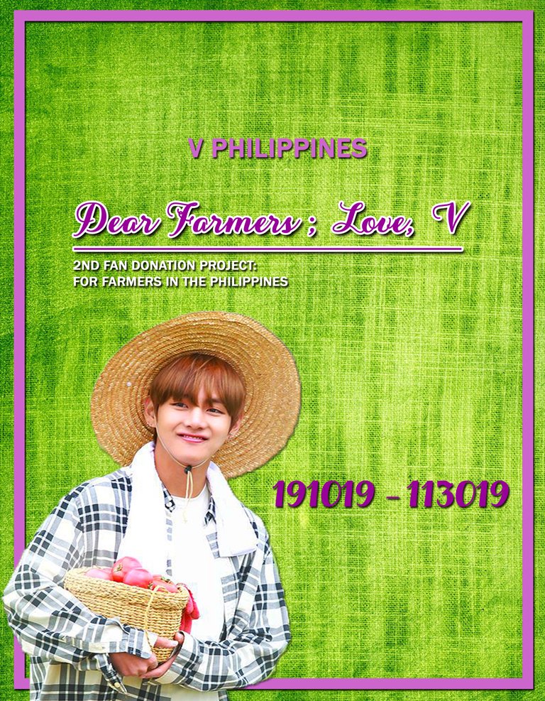 TAETAE_PH's tweet photo. V Philippines presents:

"Dear Farmers; Love, V"

TO DONATE: [https://t.co/dl7QHGNcvA] 
TO PURCHASE: [https://t.co/bvjMGk7pRN] 

Please read our posters for more information and for concerns, please do not hesitate to contact us thru DM. #DearFarmersLoveV 👩‍🌾👨‍🌾💜 https://t.co/hoA8HLJSEs