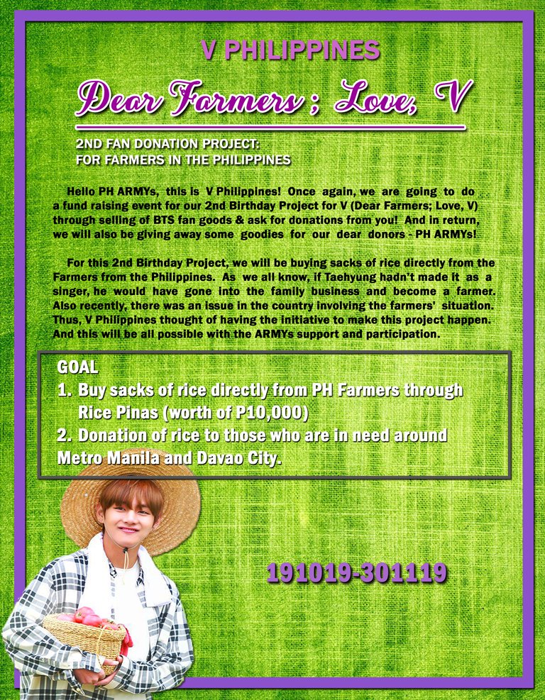 TAETAE_PH's tweet photo. V Philippines presents:

"Dear Farmers; Love, V"

TO DONATE: [https://t.co/dl7QHGNcvA] 
TO PURCHASE: [https://t.co/bvjMGk7pRN] 

Please read our posters for more information and for concerns, please do not hesitate to contact us thru DM. #DearFarmersLoveV 👩‍🌾👨‍🌾💜 https://t.co/hoA8HLJSEs