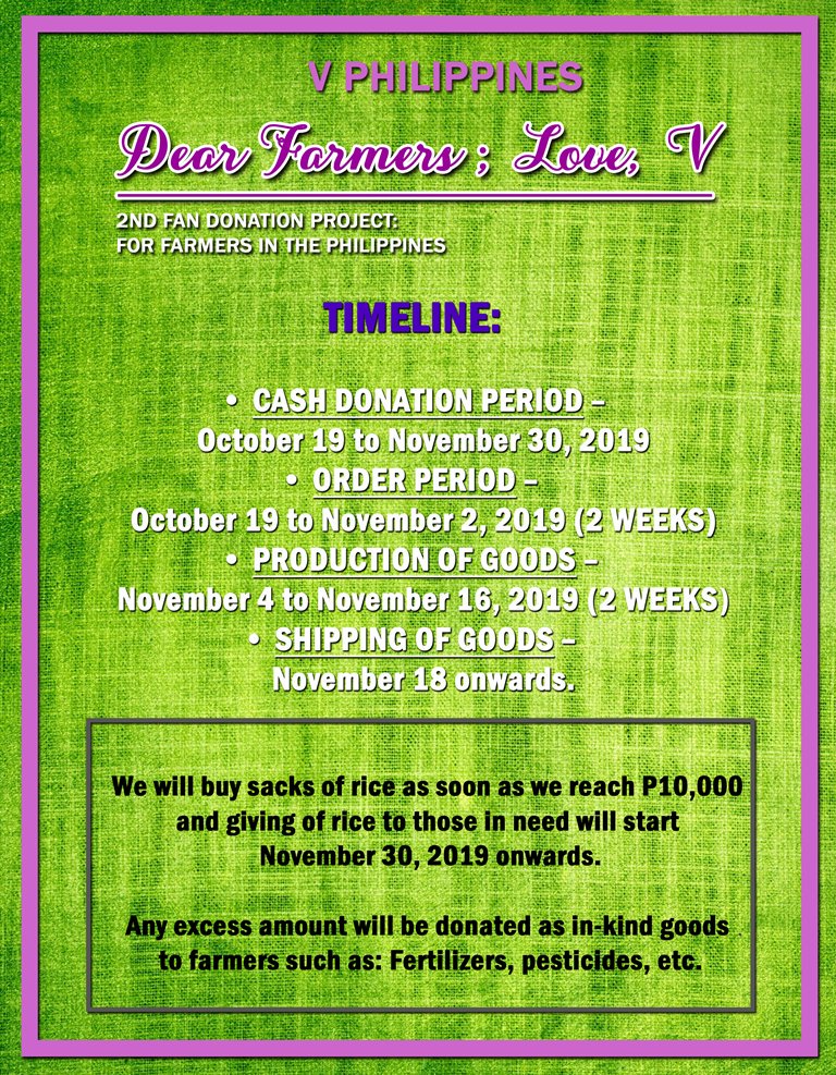 TAETAE_PH's tweet photo. V Philippines presents:

"Dear Farmers; Love, V"

TO DONATE: [https://t.co/dl7QHGNcvA] 
TO PURCHASE: [https://t.co/bvjMGk7pRN] 

Please read our posters for more information and for concerns, please do not hesitate to contact us thru DM. #DearFarmersLoveV 👩‍🌾👨‍🌾💜 https://t.co/hoA8HLJSEs