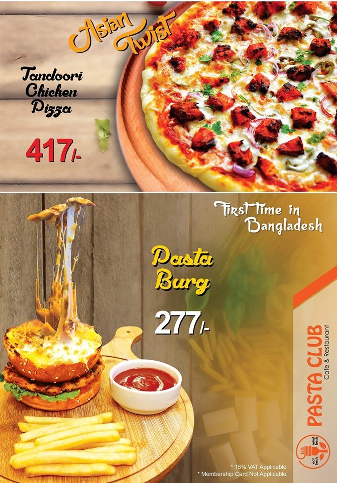 PastaClubBD's tweet image. ``পাস্তা ক্লাব`` আপনাদের মতামতের ভিত্তিতে বাংলাদেশে আমরাই প্রথম Launch করছি Pasta Bung,যা Test করলে একসাথে পাবেন Burger &amp;amp; পাস্তার স্বাদ। মূল্য মাত্র =২৭৭/-
পিজ্জা লাভারদের জন্য Tandoori Chicken Pizza,
Price =417/=
হোমডেলিভারী নিতে কল করুনঃ০১৬১৬৪৪১৬১২
facebook.com/pastaclubwari/