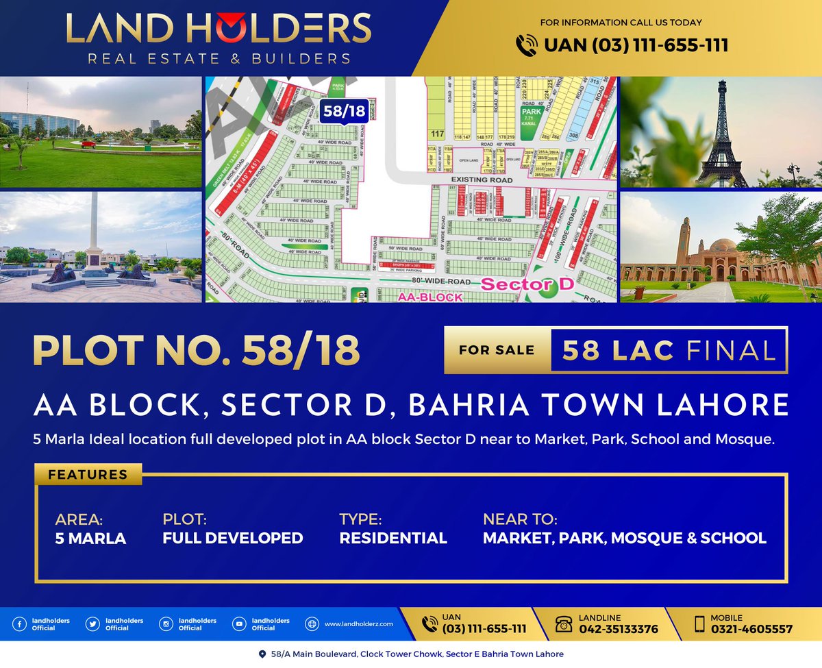 LandholdersO's tweet image. DEAL OF THE DAY !

For Sale:
5 Marla Plot #58/18, AA Block, Sector D, Bahria Town Lahore at 58 Lac Final.

Plot is Located on Excellent Location Near To Market, Park, Mosque, School and Commercial.

#PLOTFORSALE #AABLOCK #BAHRIATOWN #LANDHOLDERS