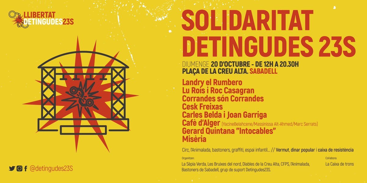 CDRCatOficial's tweet photo. 👉 Malgrat que alguns partits polítics les oblidin, 7 persones segueixen segrestades per l’Audiència Nacional des del passat 23 de setembre.

‼️ @detingudes23s us volem lliures!

📌 Plaça de la Creu Alta, #Sabadell
🗓️ Avui, 20 d'oct
🕛 12h

✊ Exigim la llibertat de tots i totes! https://t.co/Dj9qYXDX8j