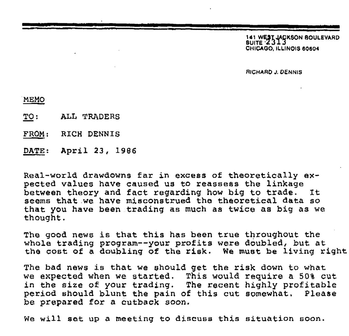 Covel's tweet image. A piece of trading history. #turtletrader