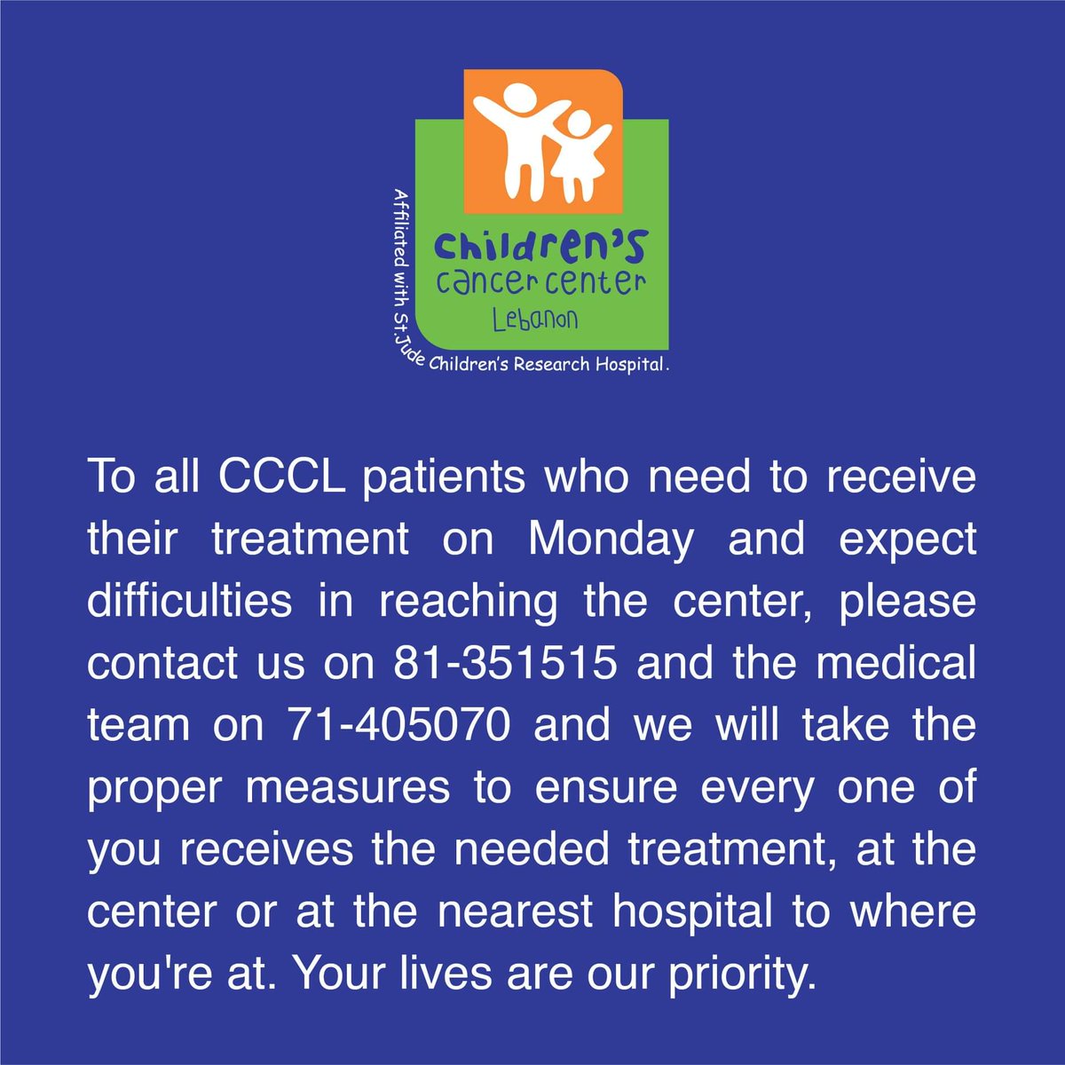 نطلب من جميع مرضى <a href="/CCCLebanon/">ccclebanon</a> في حال وجب عليهم تلقي العلاج يوم الاثنين وفي حال واجهتهم عوائق منعتهم من الوصول الى المركز الاتصال على الرقم 81-351515 وعلى الرقم 71-405070 وسوف تتخذ كل الإجراءات لتلقى العلاج في المركز أو في أقرب مستشفى لمكان تواجدكم. حياتكم أولويتنا.
#لبنان_ينتفض