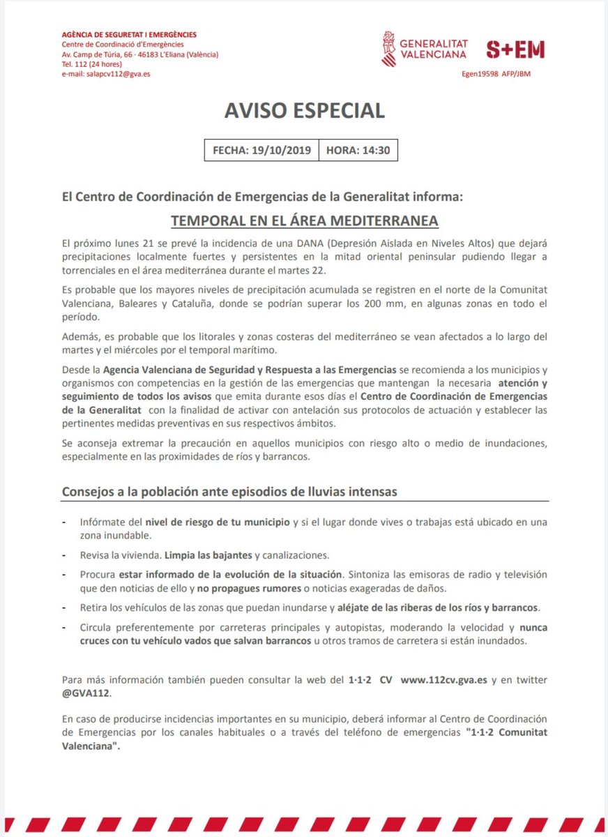 El Centro de Coordinación de Emergencias de la <a href="/generalitat/">Generalitat</a> ha emitido un aviso especial por un #TemporalMediterráneo 🌧️⛈️ a partir del lunes, como consencuencia de una #DANA que afectará a la Comunidad Valenciana y se prolongará sucesivos días.
