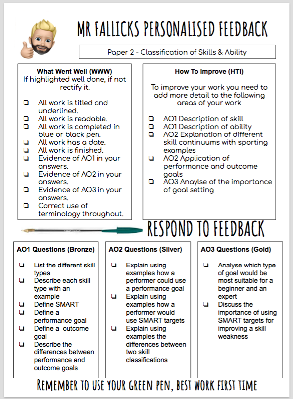 MrFallick's tweet photo. Last week it was Paper 1, here is Paper 2.

Differentiated feedback marking grid. Saves time, and effort. 

Free editable DL here @ShareLearnT - https://t.co/vbkGb4Xk1f

Thanks for @MrLPeachey for the inspiration. 

Please RT

#gcsepe #markingandfeedback https://t.co/LP4nzszYrj